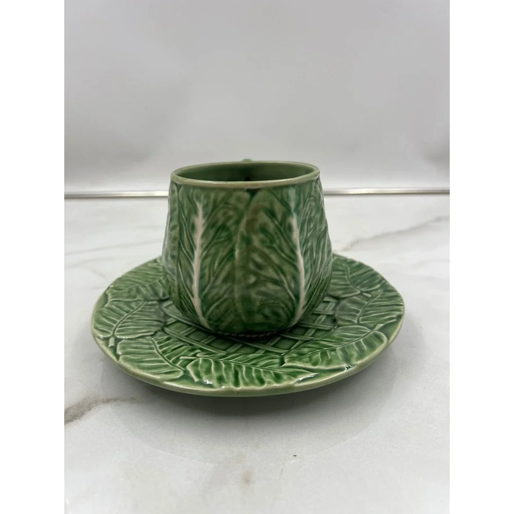 Bordallo Pinheiro Cabbage Green Tea Cup and Saucer Set Made in Portugal Ceramic